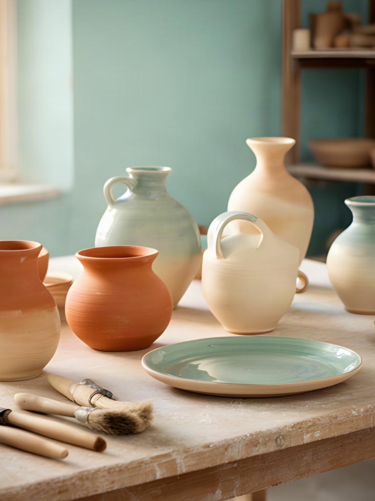 Vasi e piatti in ceramica artigianale disposti su un banco luminoso dello studio a Palmi