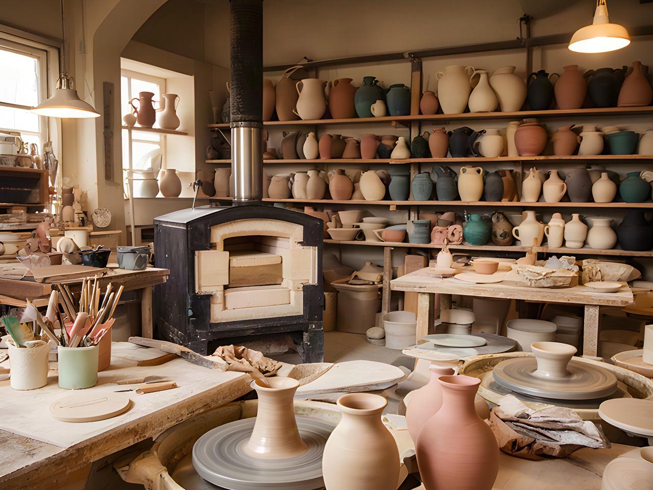 Interno della bottega con scaffali di vasi, forno ceramico e strumenti di lavorazione manuale