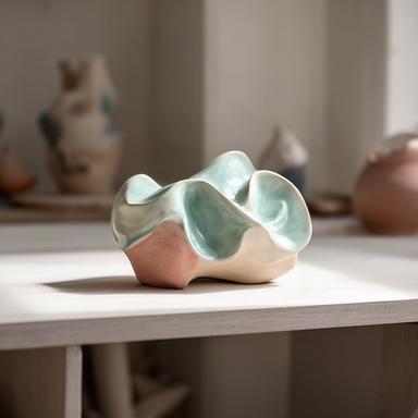 Piccola scultura astratta in ceramica su una mensola con luce naturale