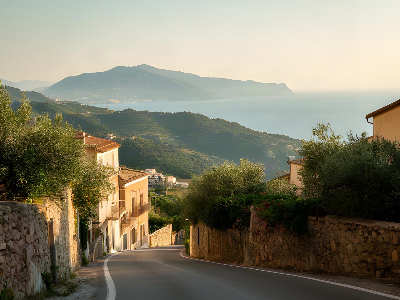 Strada tranquilla di Palmi in Calabria con scorcio del paesaggio collinare e del Mar Tirreno