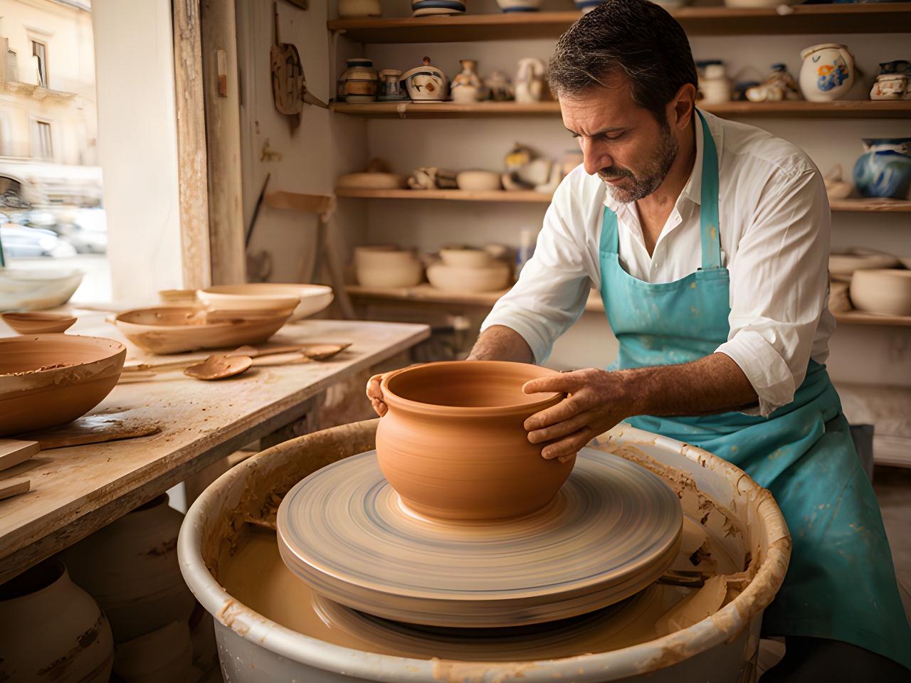 Artigiana che modella una ciotola al tornio nella bottega di ceramica a Palmi