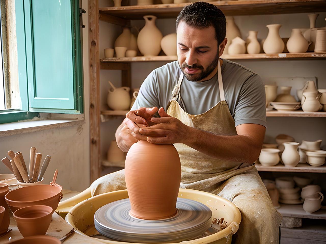 Allieva al tornio mentre modella un vaso in argilla nello studio di ceramica a Palmi