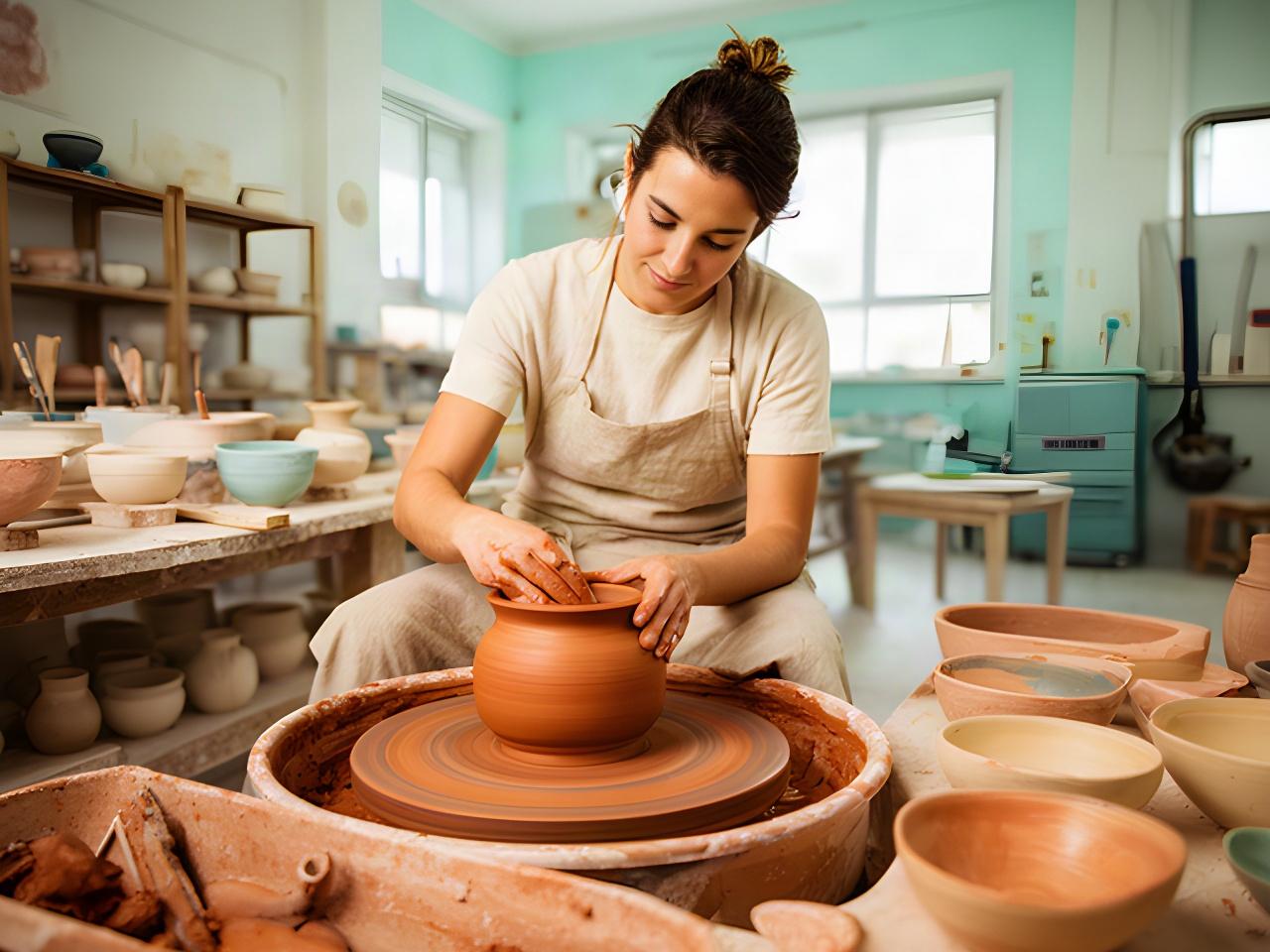 Artigiana al tornio in uno studio di ceramica luminoso a Palmi, con ciotole in terracotta sul banco
