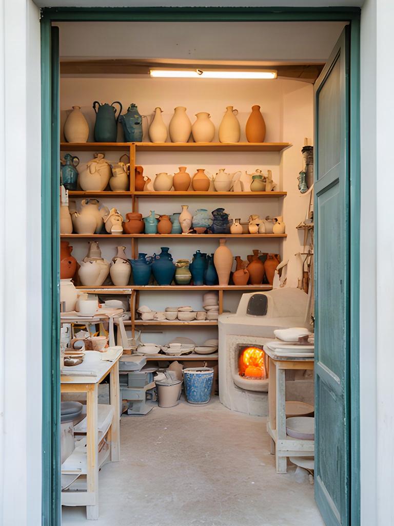 Ingresso dello studio di ceramica a Palmi con scaffali pieni di vasi e pezzi in cottura