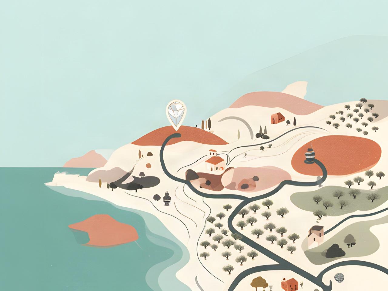 Mappa illustrata della strada senza nome a Palmi, Calabria, con indicazione dello studio di ceramica