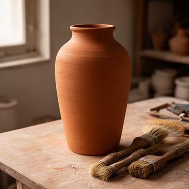 Vaso alto in ceramica color terracotta accanto a pennelli sul tavolo dello studio