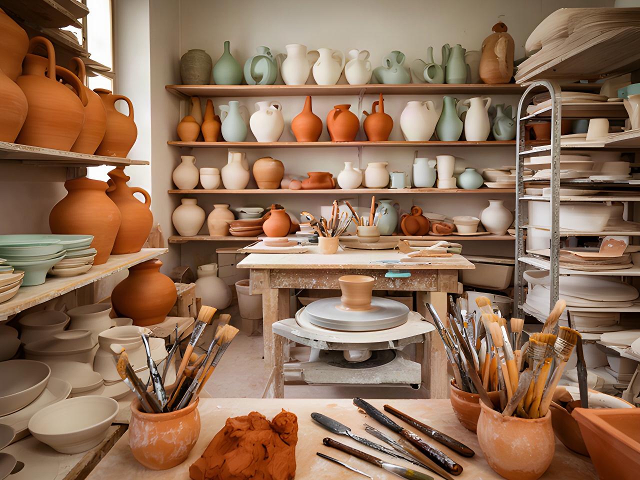 Interno di un laboratorio ceramico calabrese con scaffali di vasi, argilla e strumenti da tornio